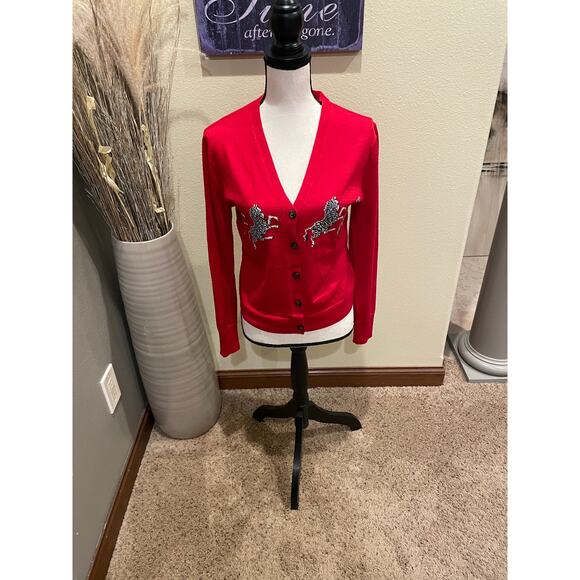 J. Crew Dancing Zebras Red Merino Wool Cardigan Sweater Medium - Picture 3 of 8